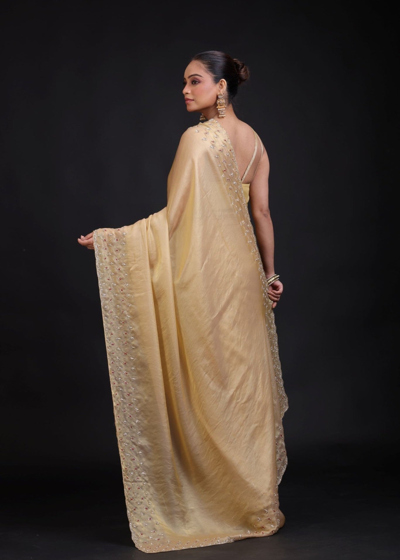 Golden Tissue Saree With Hand Embroidered - Anvi Couture