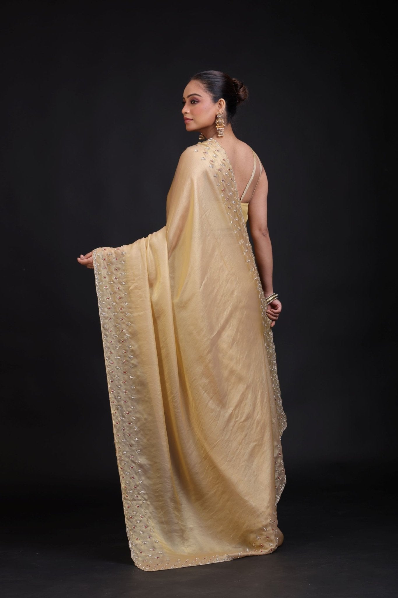 Golden Tissue Saree With Hand Embroidered - Anvi Couture
