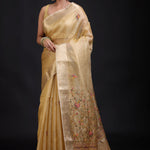 Golden Tissue Silk Saree Hand Embroidered Thread Work full
