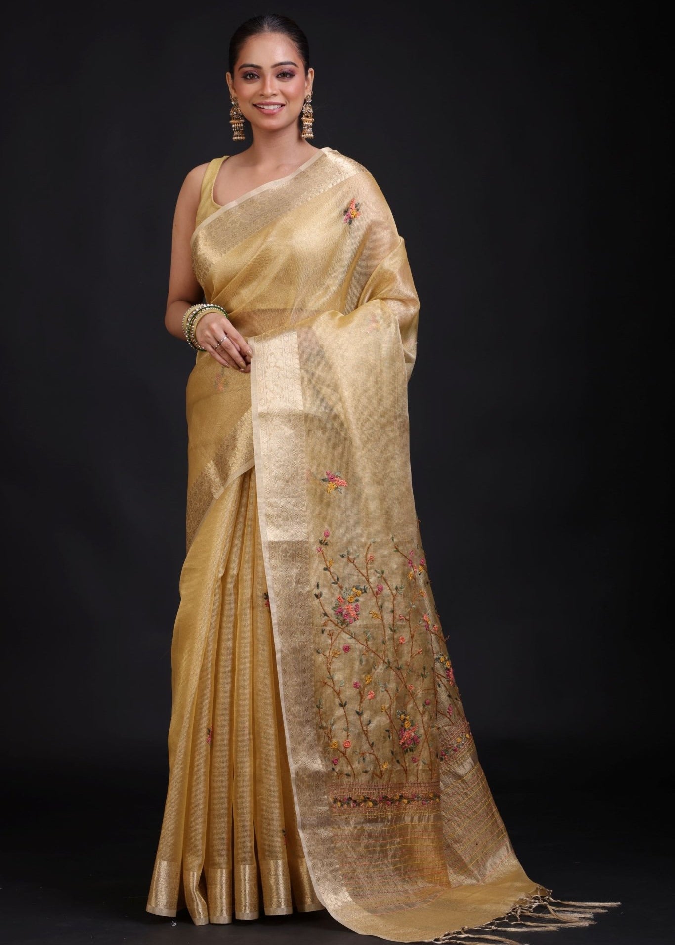 Golden Tissue Silk Saree Hand Embroidered Thread Work - Anvi Couture