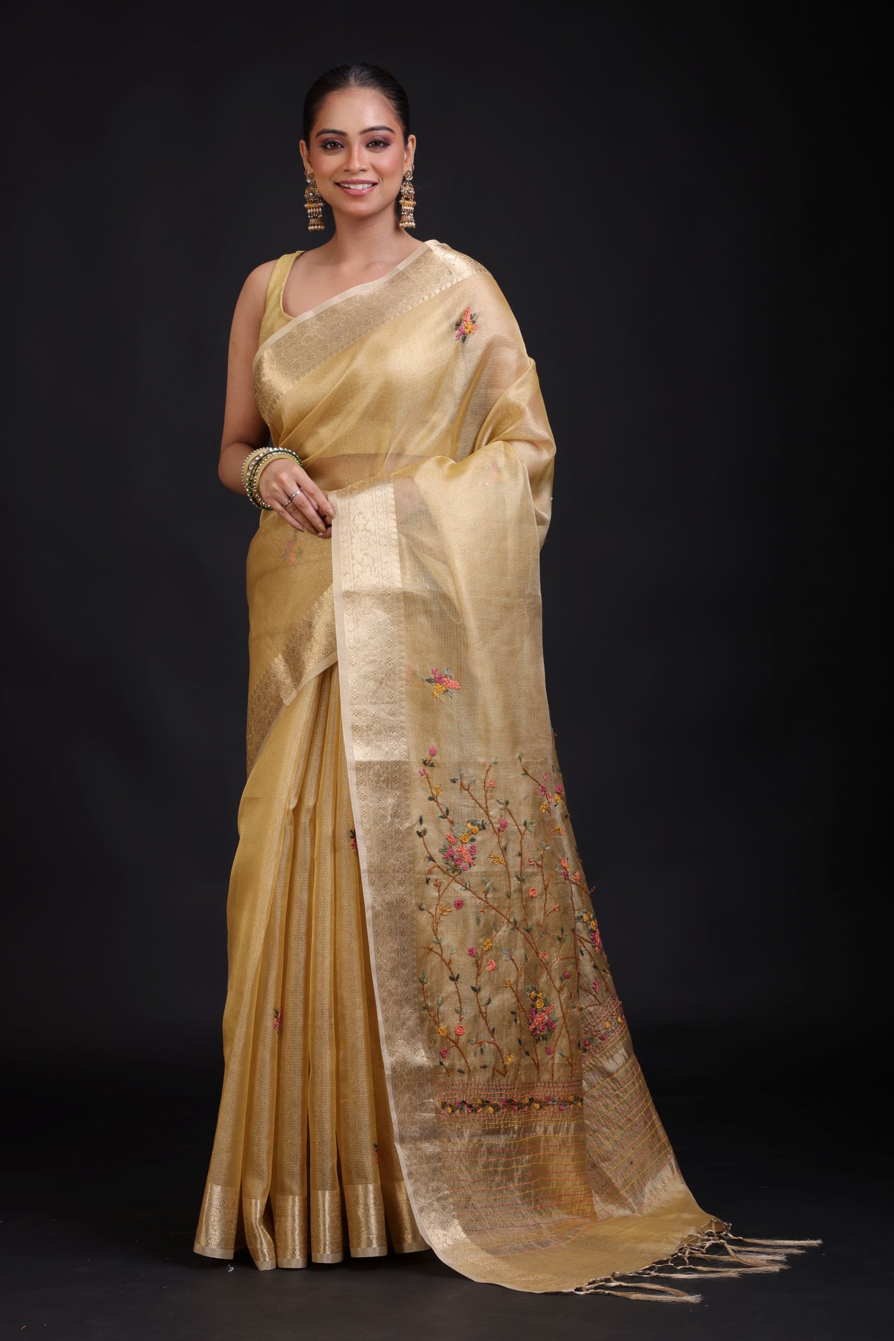 Golden Tissue Silk Saree Hand Embroidered Thread Work full