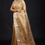Golden Tissue Silk Saree Hand Embroidered Thread Work front