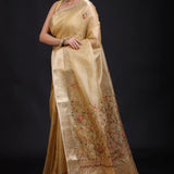 Golden Tissue Silk Saree Hand Embroidered Thread Work front