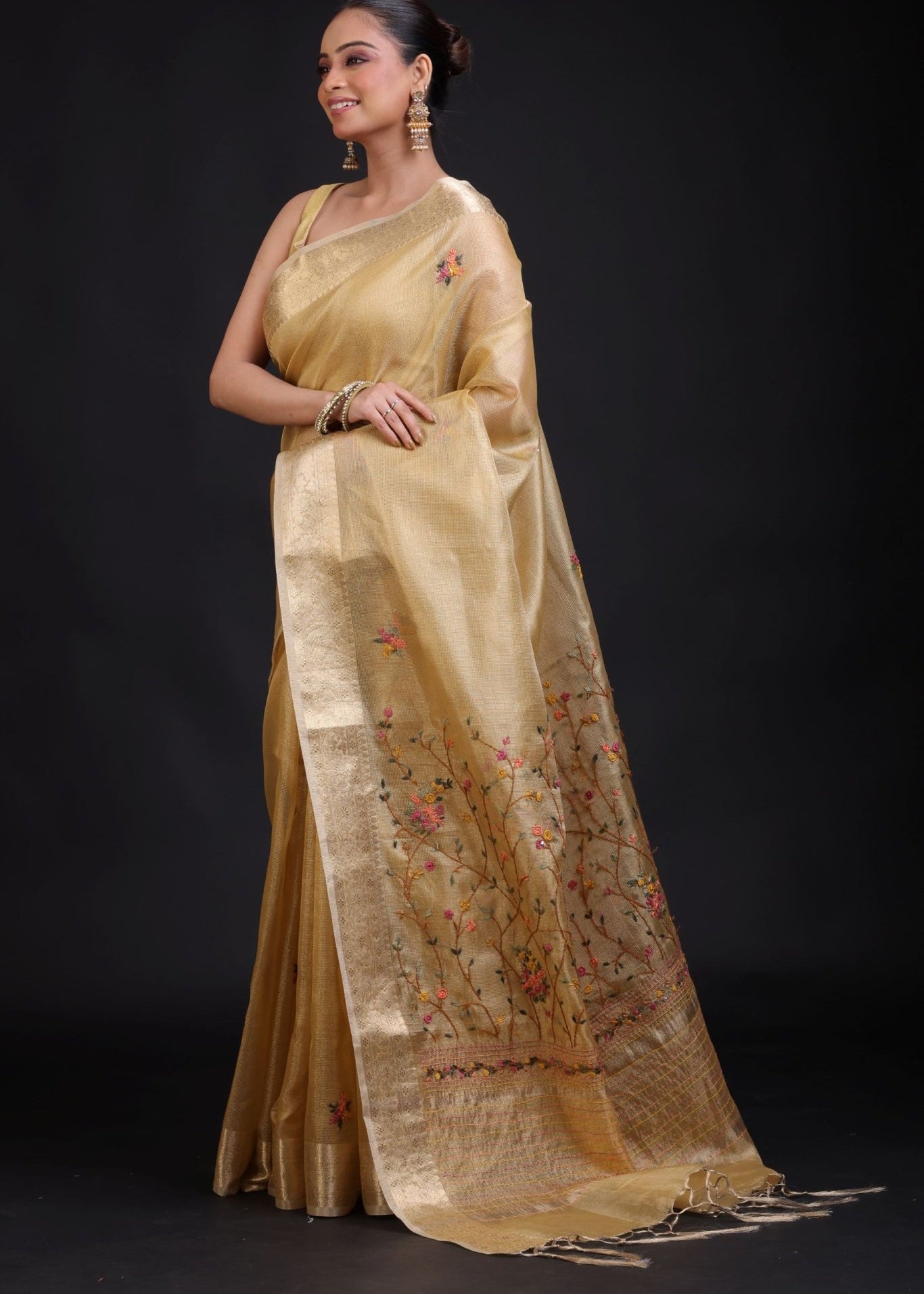 Golden Tissue Silk Saree Hand Embroidered Thread Work - Anvi Couture