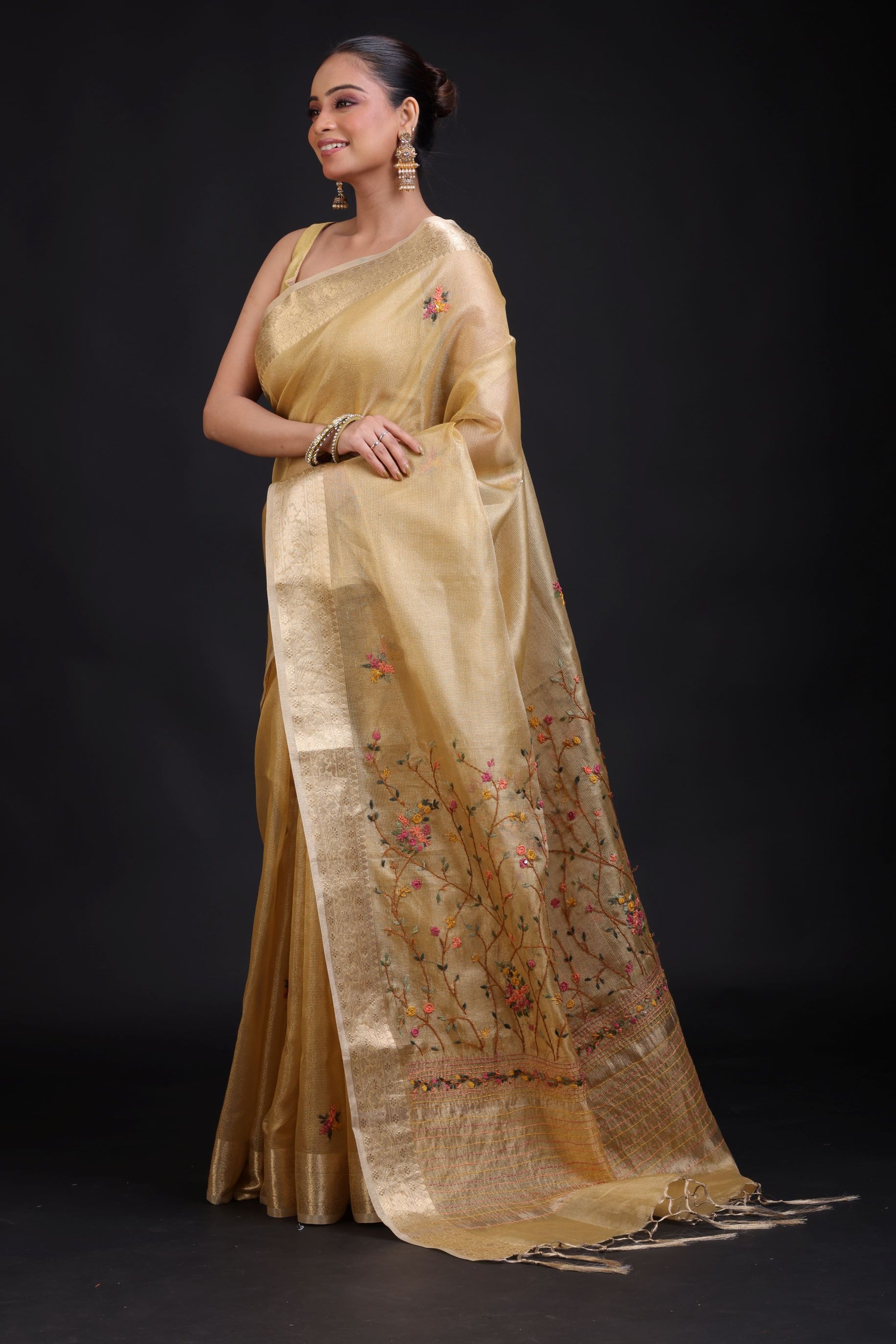 Golden Tissue Silk Saree Hand Embroidered Thread Work front