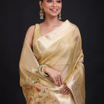 Golden Tissue Silk Saree Hand Embroidered Thread Work close up
