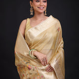 Golden Tissue Silk Saree Hand Embroidered Thread Work close up