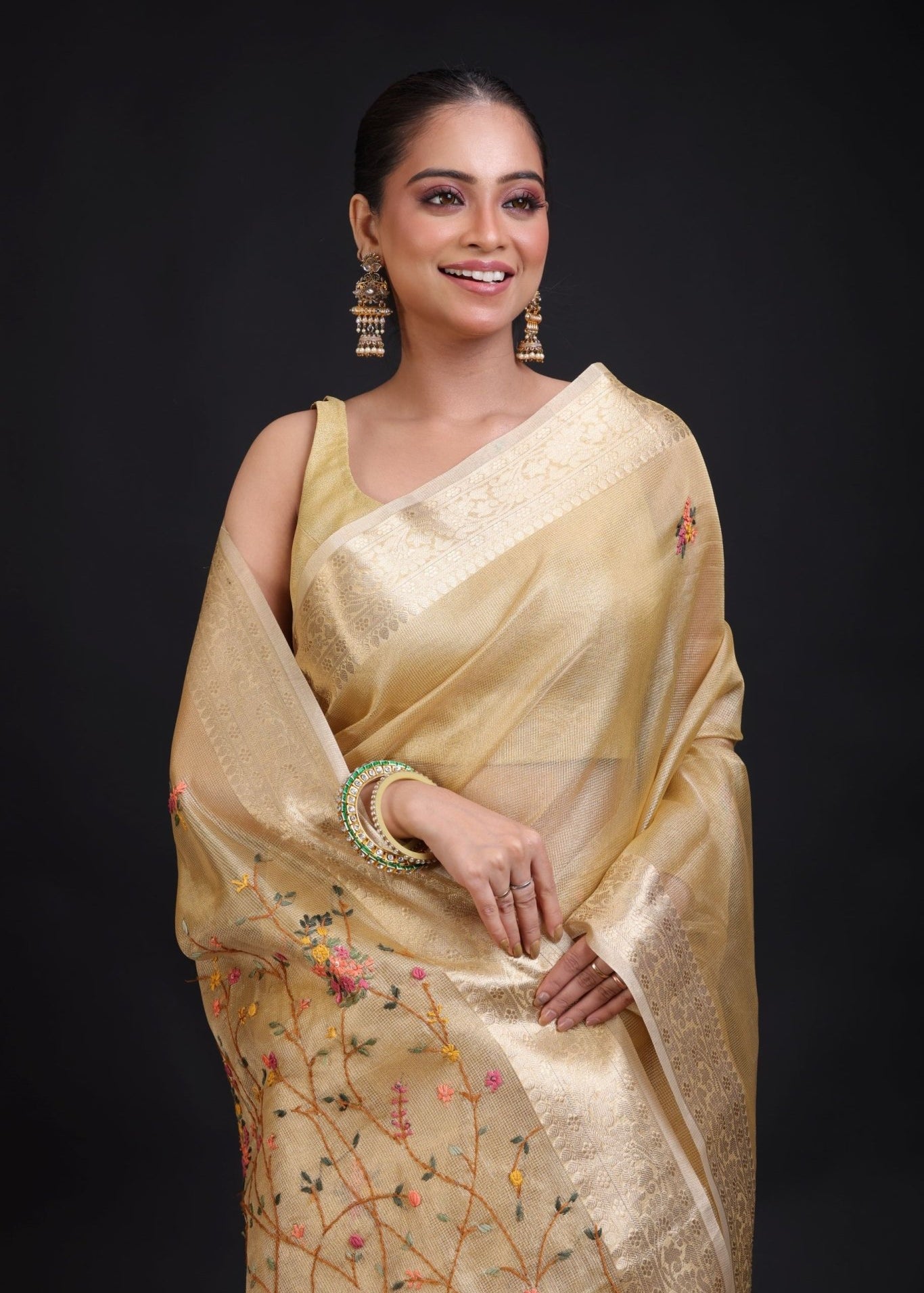 Golden Tissue Silk Saree Hand Embroidered Thread Work - Anvi Couture