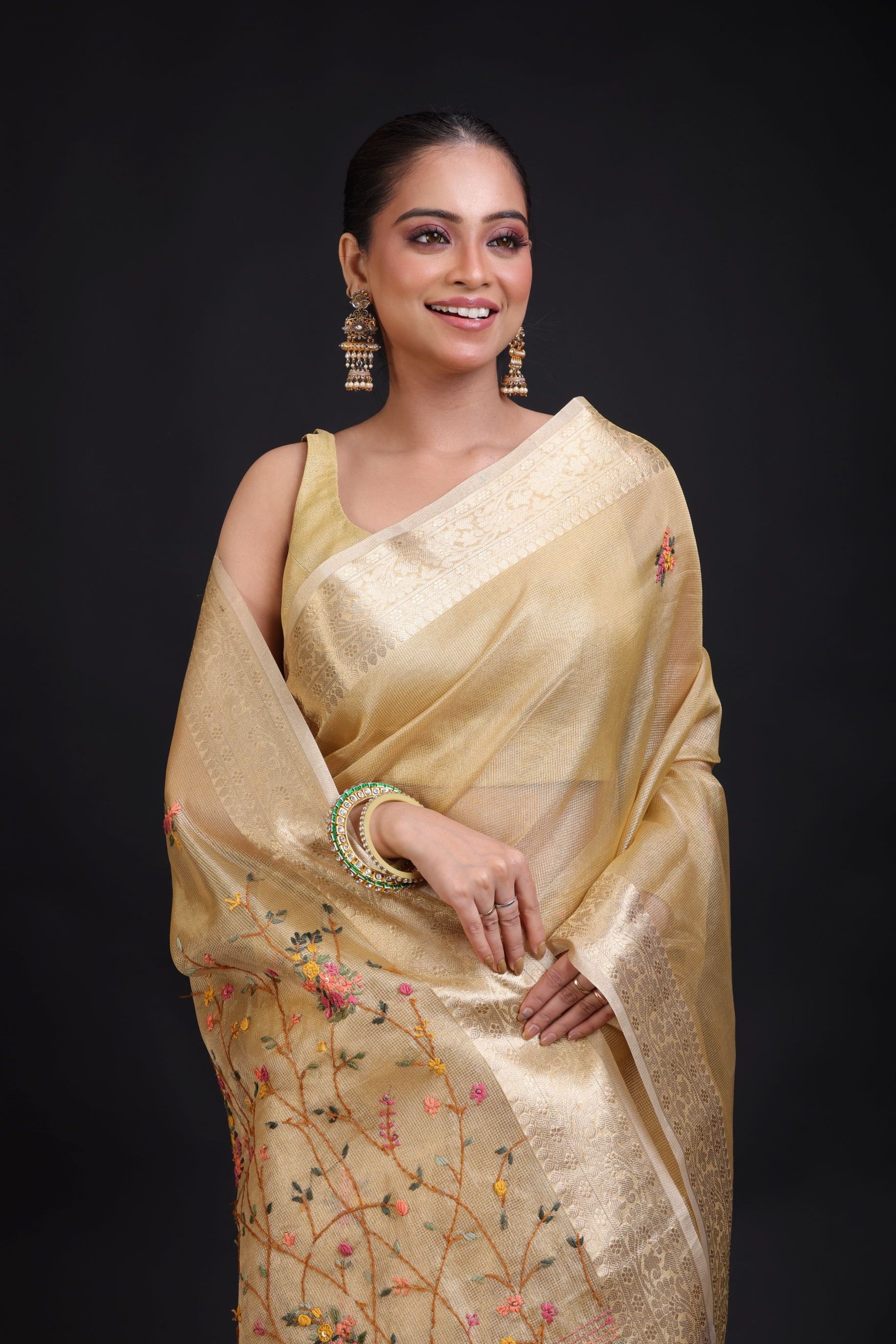 Golden Tissue Silk Saree Hand Embroidered Thread Work close up