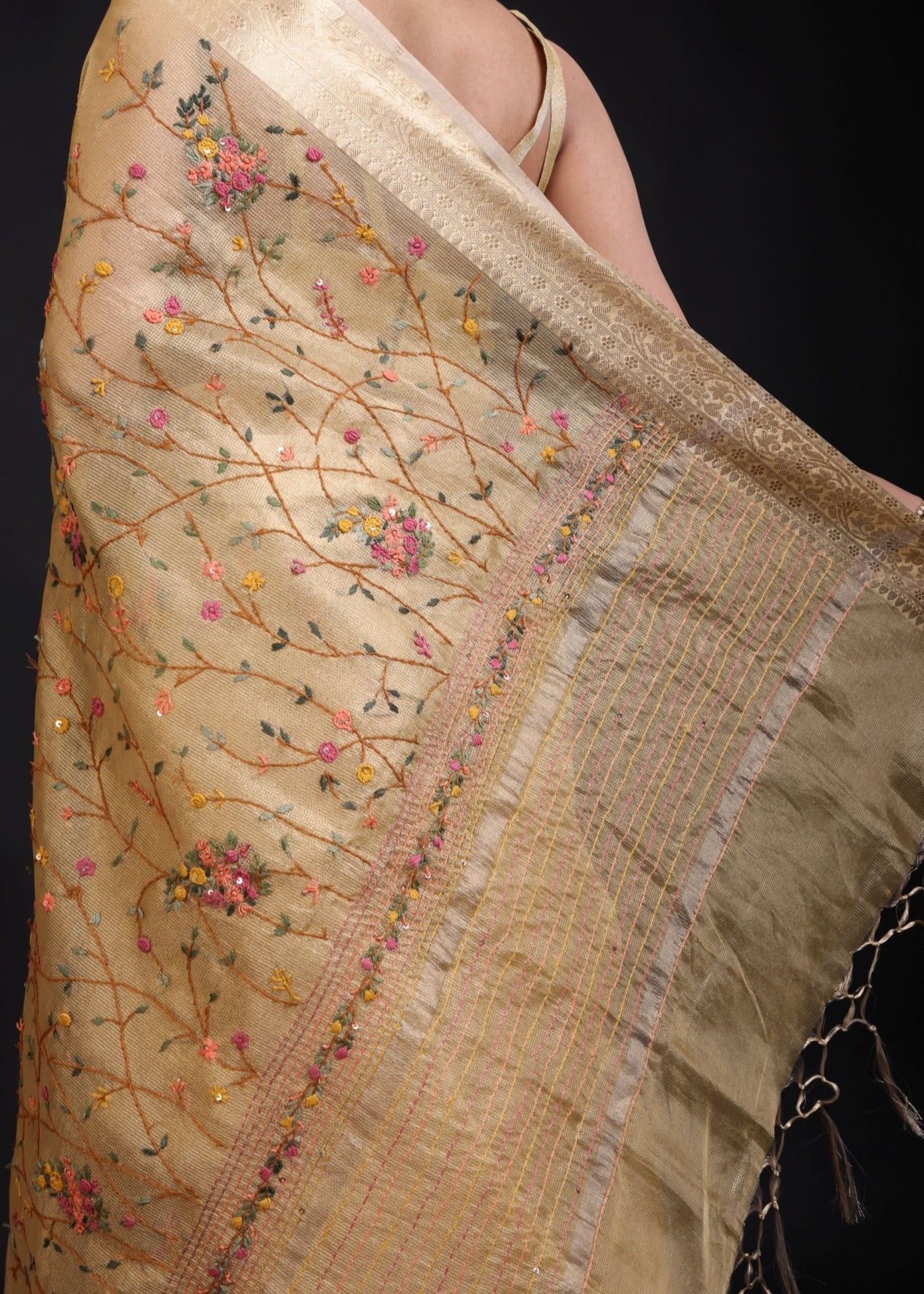 Golden Tissue Silk Saree Hand Embroidered Thread Work - Anvi Couture