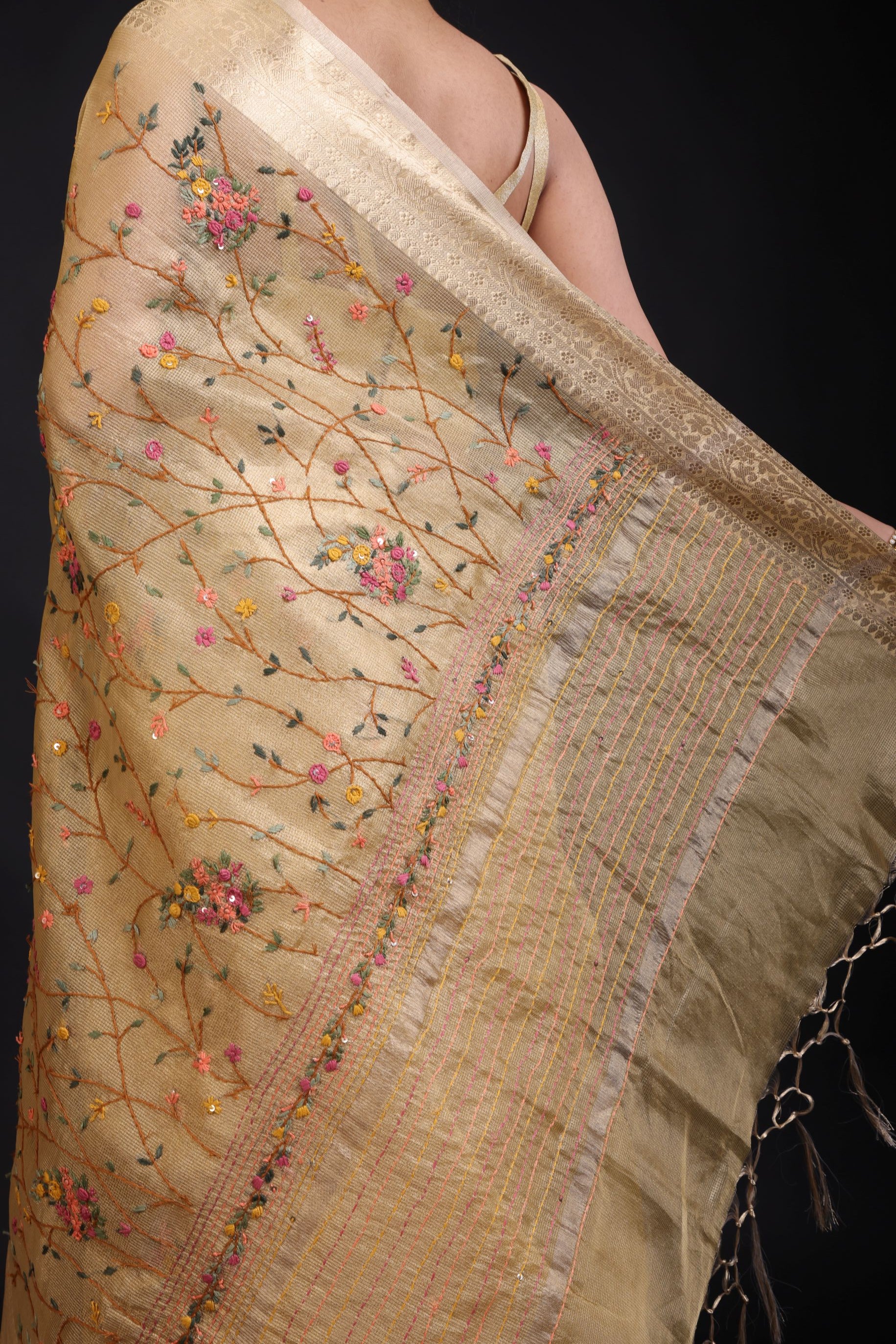 Golden Tissue Silk Saree Hand Embroidered Thread Work back