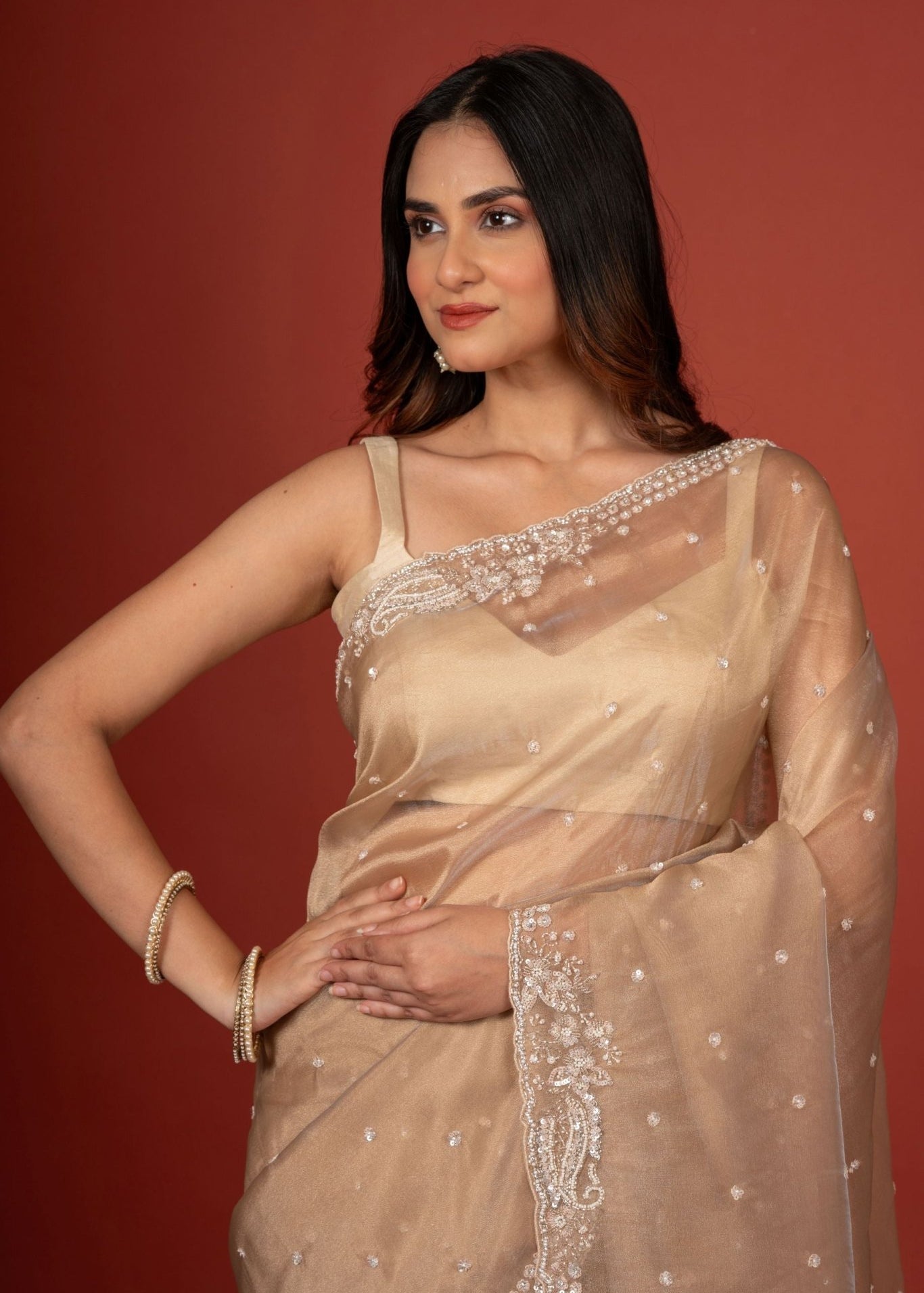 Golden Tissue Silk Saree With Embroidered Work - Anvi Couture