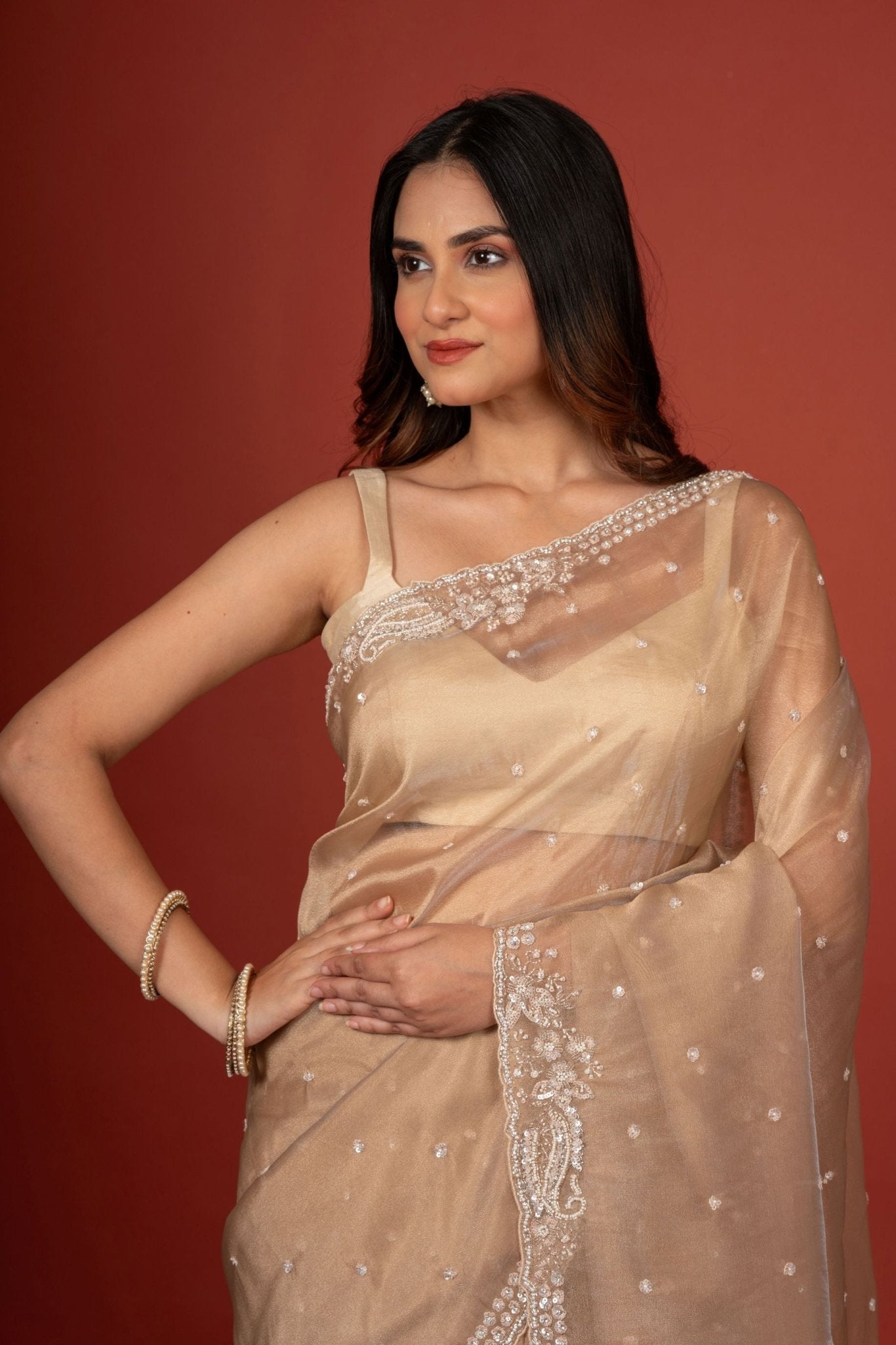 Golden Tissue Silk Saree With Embroidered Work - Anvi Couture