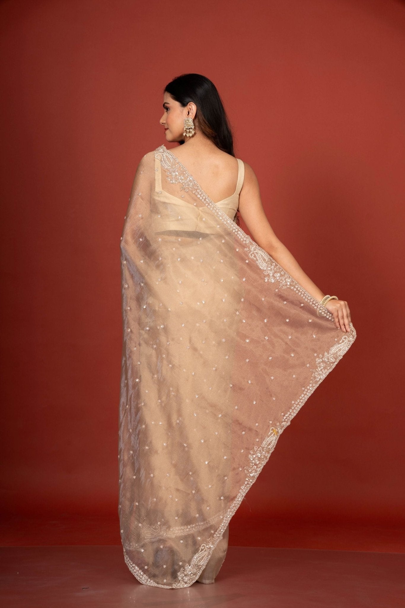 Golden Tissue Silk Saree With Embroidered Work - Anvi Couture