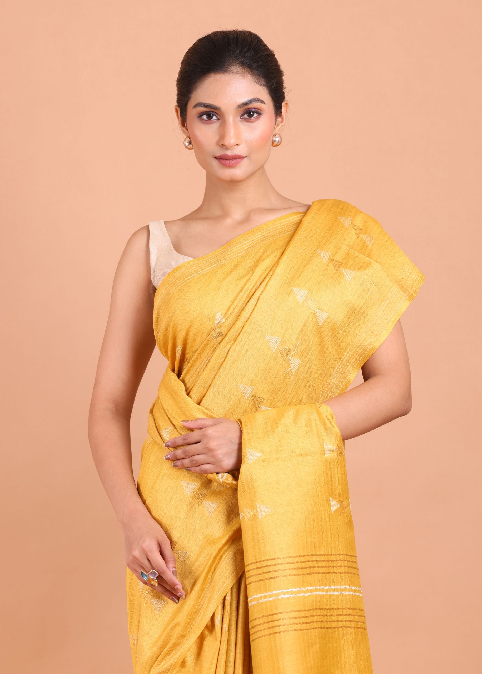 Golden Yellow Handloom Chanderi Silk Saree close up
