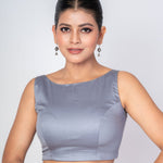 Gray Boat Neck Sleeveless Cotton Silk Blouse with Back Closure - Anvi Couture