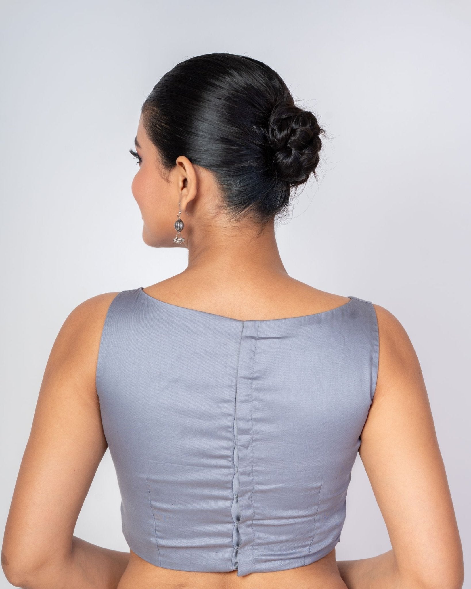Gray Boat Neck Sleeveless Cotton Silk Blouse with Back Closure - Anvi Couture
