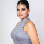 Gray Mock Neck Sleeveless Cotton Silk Blouse with Diamond Cut Back Closure - Anvi Couture
