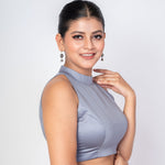 Gray Mock Neck Sleeveless Cotton Silk Blouse with Diamond Cut Back Closure - Anvi Couture