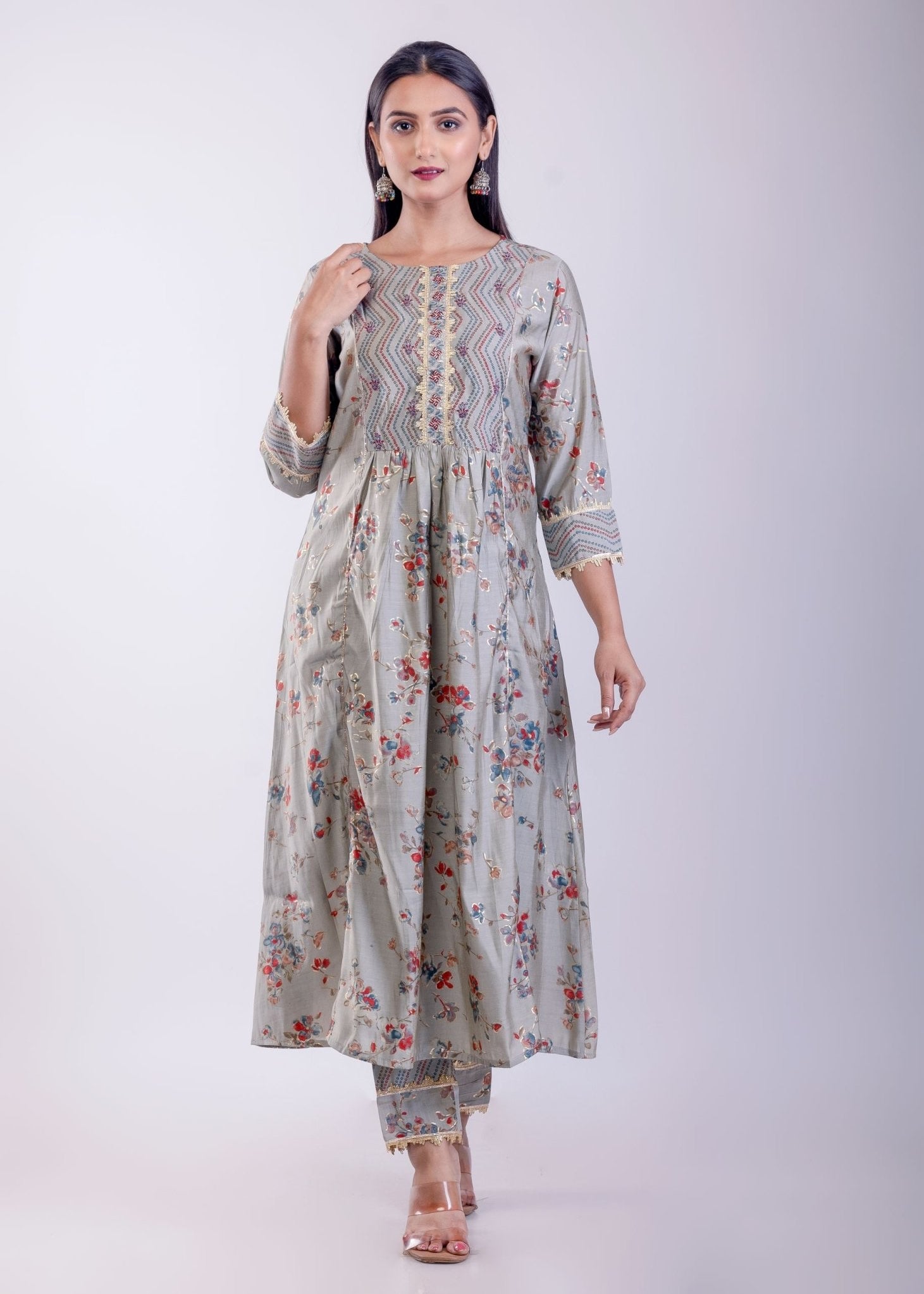 Gray Floral Printed Flared Suit Set ith Gota Work - Anvi Couture