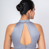 Gray Mock Neck Sleeveless Cotton Silk Blouse with Diamond Cut Back Closure - Anvi Couture