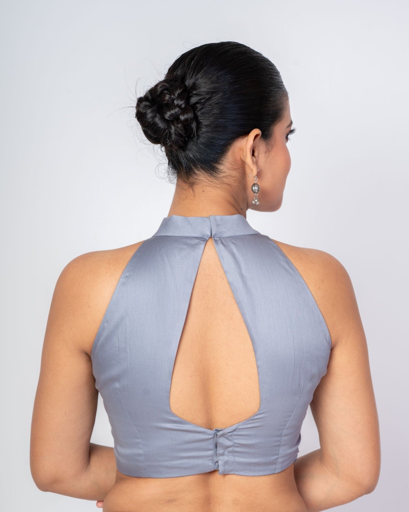 Gray Mock Neck Sleeveless Cotton Silk Blouse with Diamond Cut Back Closure - Anvi Couture