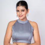 Gray Mock Neck Sleeveless Cotton Silk Blouse with Diamond Cut Back Closure - Anvi Couture