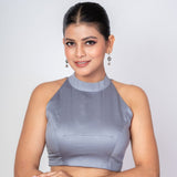 Gray Mock Neck Sleeveless Cotton Silk Blouse with Diamond Cut Back Closure - Anvi Couture