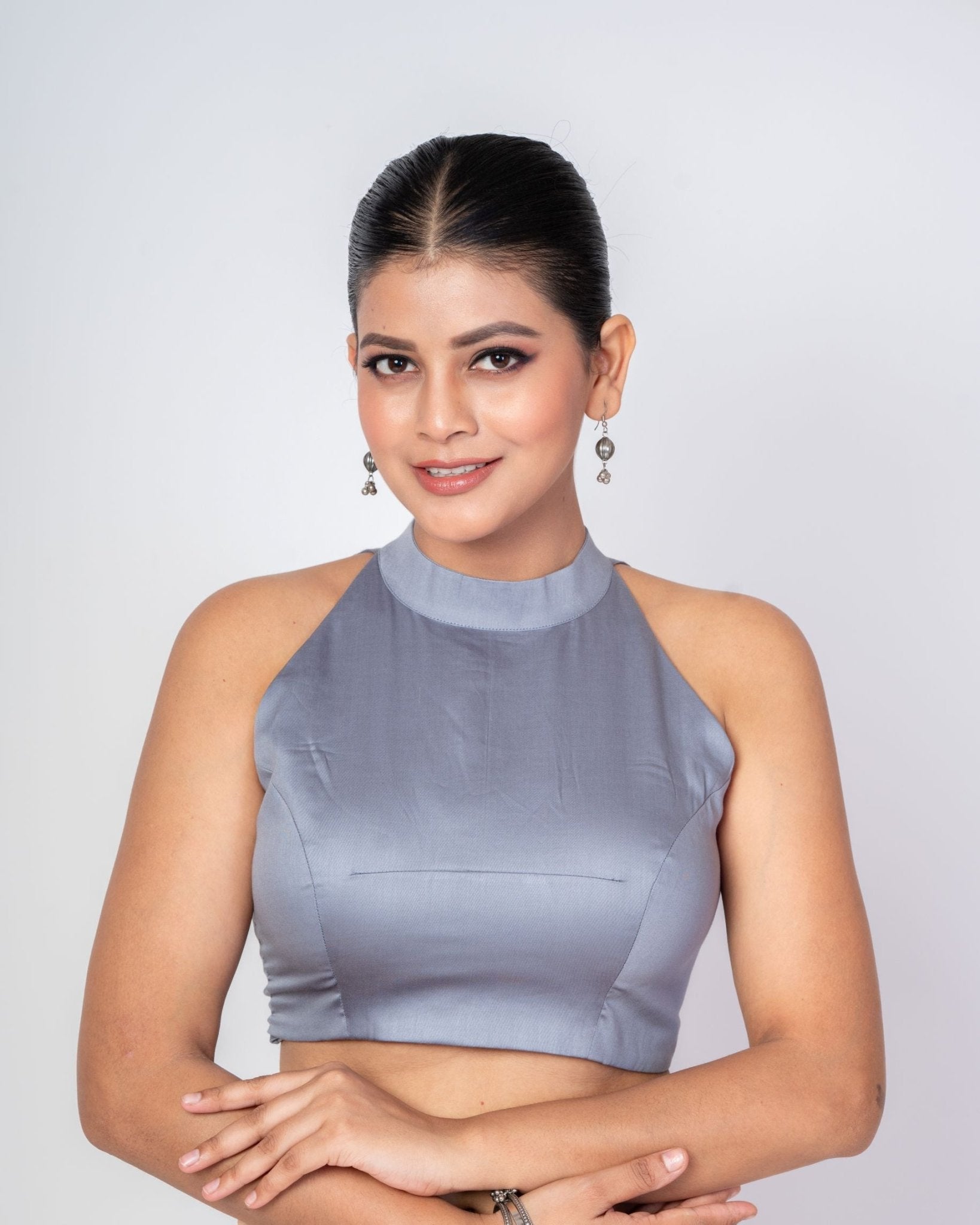 Gray Mock Neck Sleeveless Cotton Silk Blouse with Diamond Cut Back Closure - Anvi Couture