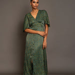 Green Ajrakh  Midi Dress In Satin Silk Full
