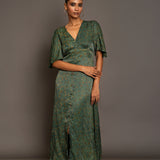 Green Ajrakh  Midi Dress In Satin Silk Full
