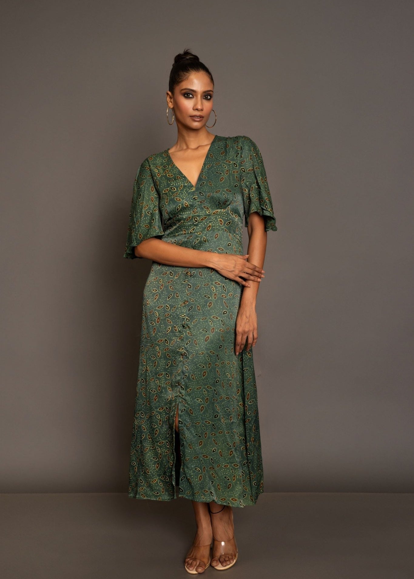 Green Ajrakh Midi Dress In Satin Silk - Anvi Couture