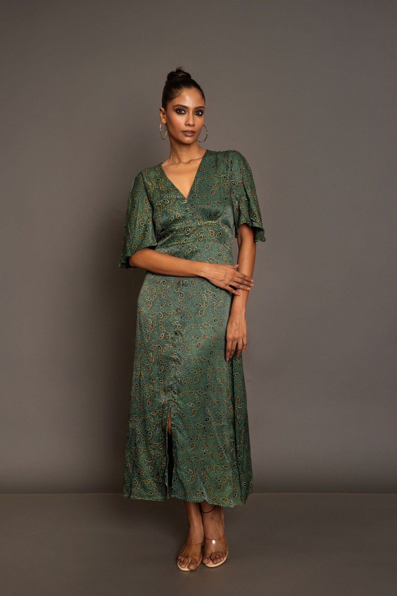 Green Ajrakh Midi Dress In Satin Silk - Anvi Couture - Image 1