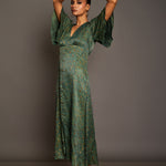 Green Ajrakh  Midi Dress In Satin Silk Front
