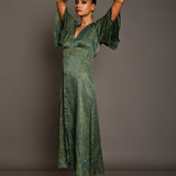 Green Ajrakh  Midi Dress In Satin Silk Front
