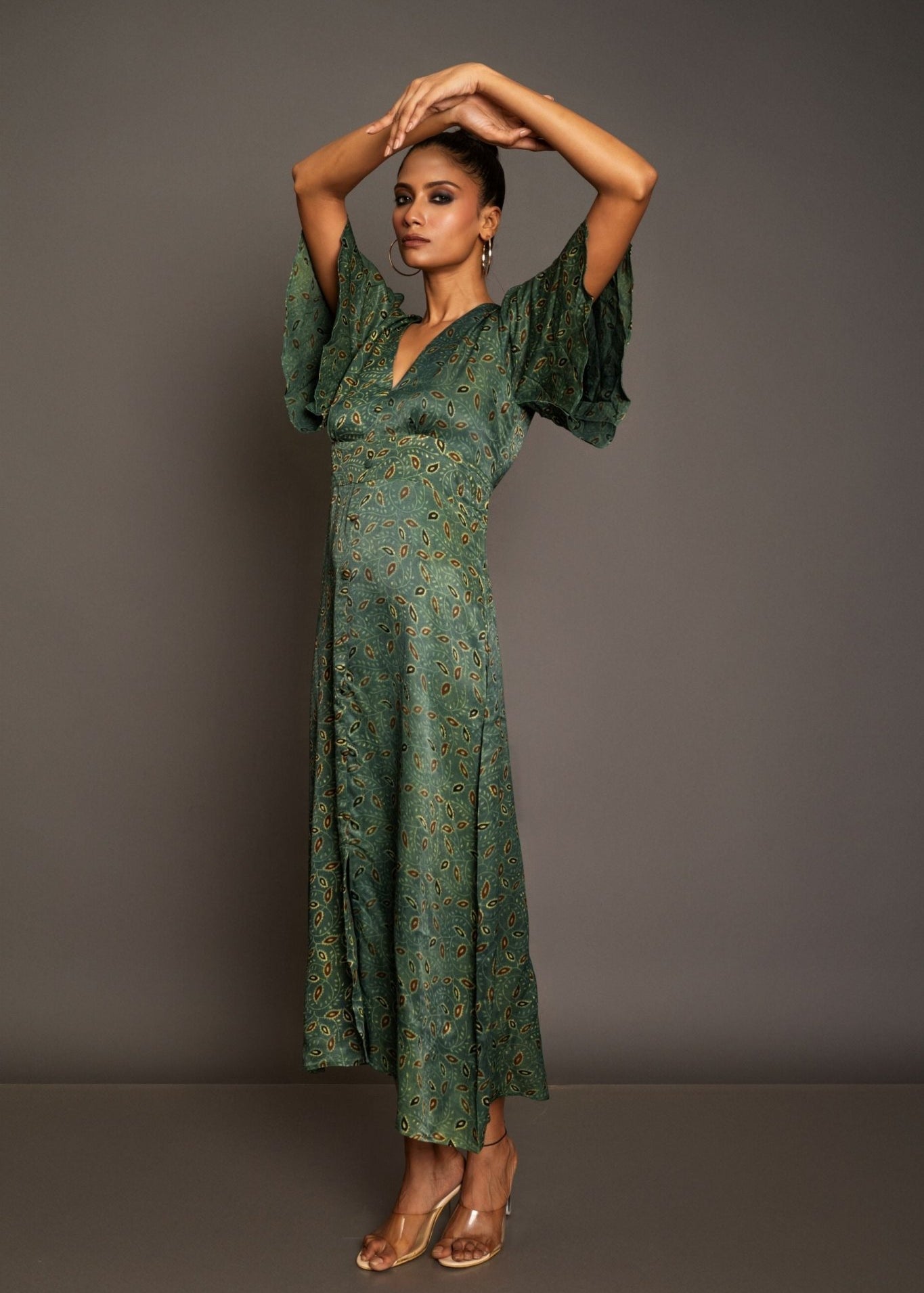 Green Ajrakh Midi Dress In Satin Silk - Anvi Couture