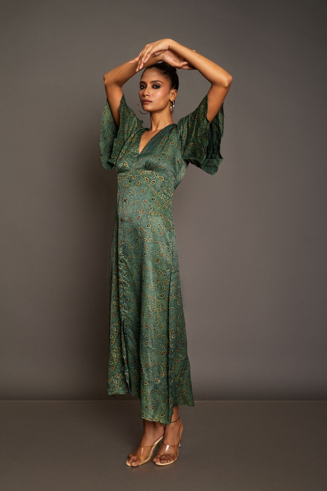 Green Ajrakh Midi Dress In Satin Silk - Anvi Couture - Image 2