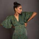Green Ajrakh  Midi Dress In Satin Silk Close Up
