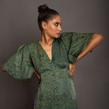 Green Ajrakh  Midi Dress In Satin Silk Close Up
