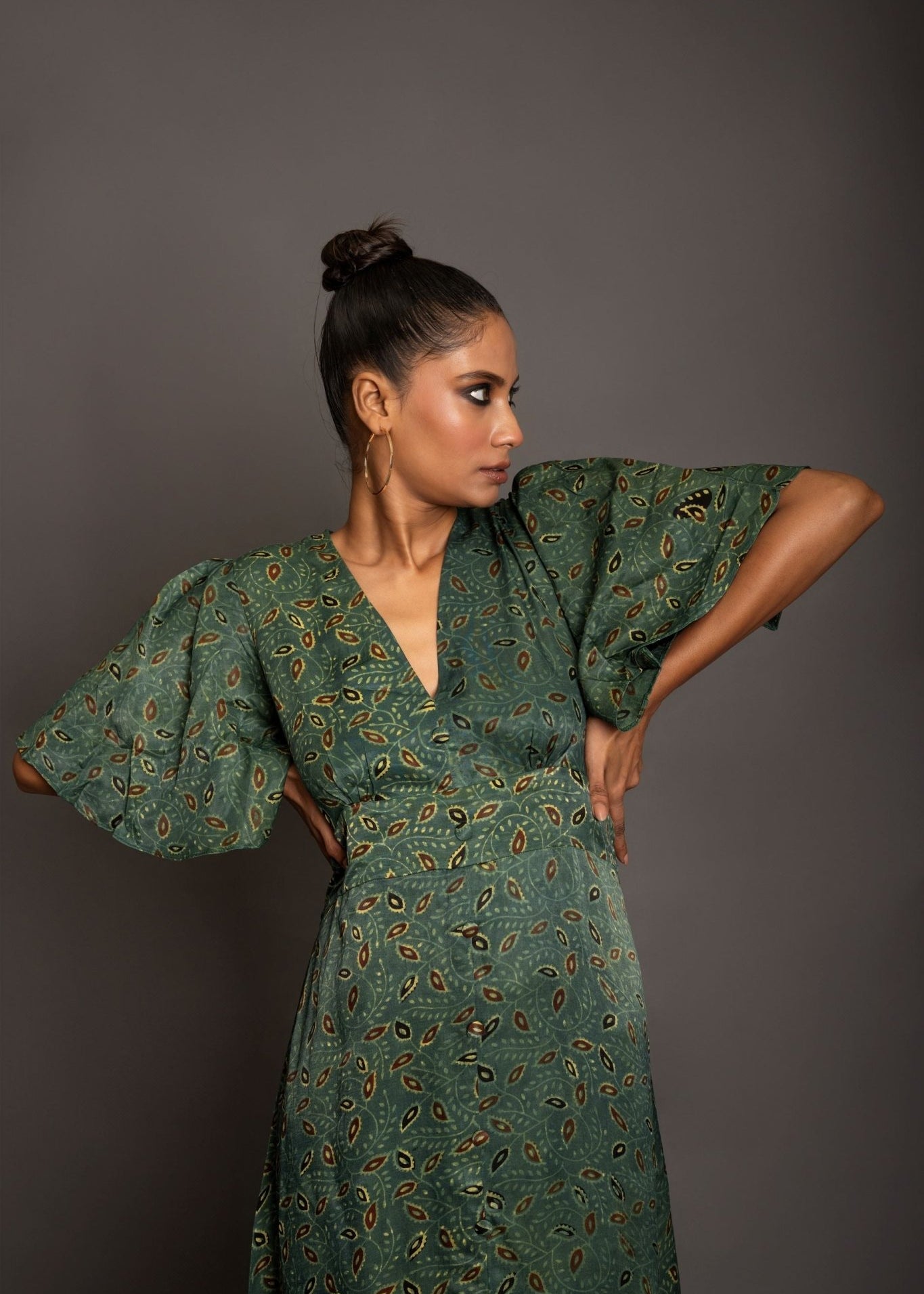 Green Ajrakh Midi Dress In Satin Silk - Anvi Couture