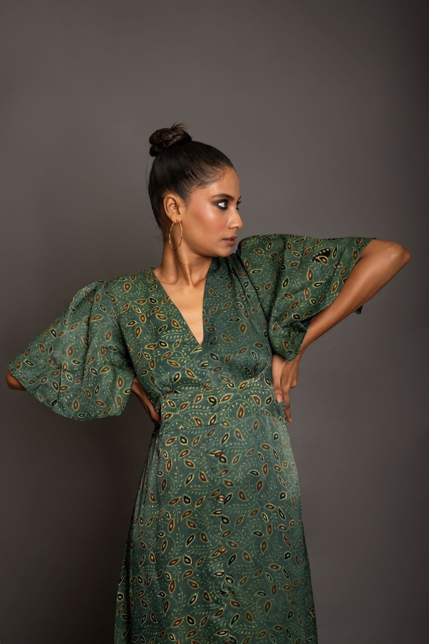 Green Ajrakh Midi Dress In Satin Silk - Anvi Couture - Image 3