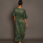 Green Ajrakh  Midi Dress In Satin Silk Back
