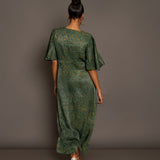 Green Ajrakh  Midi Dress In Satin Silk Back
