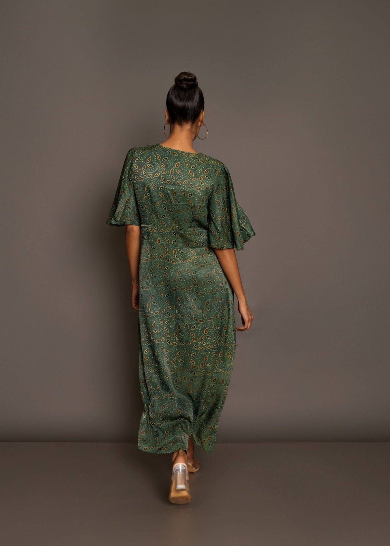 Green Ajrakh Midi Dress In Satin Silk - Anvi Couture