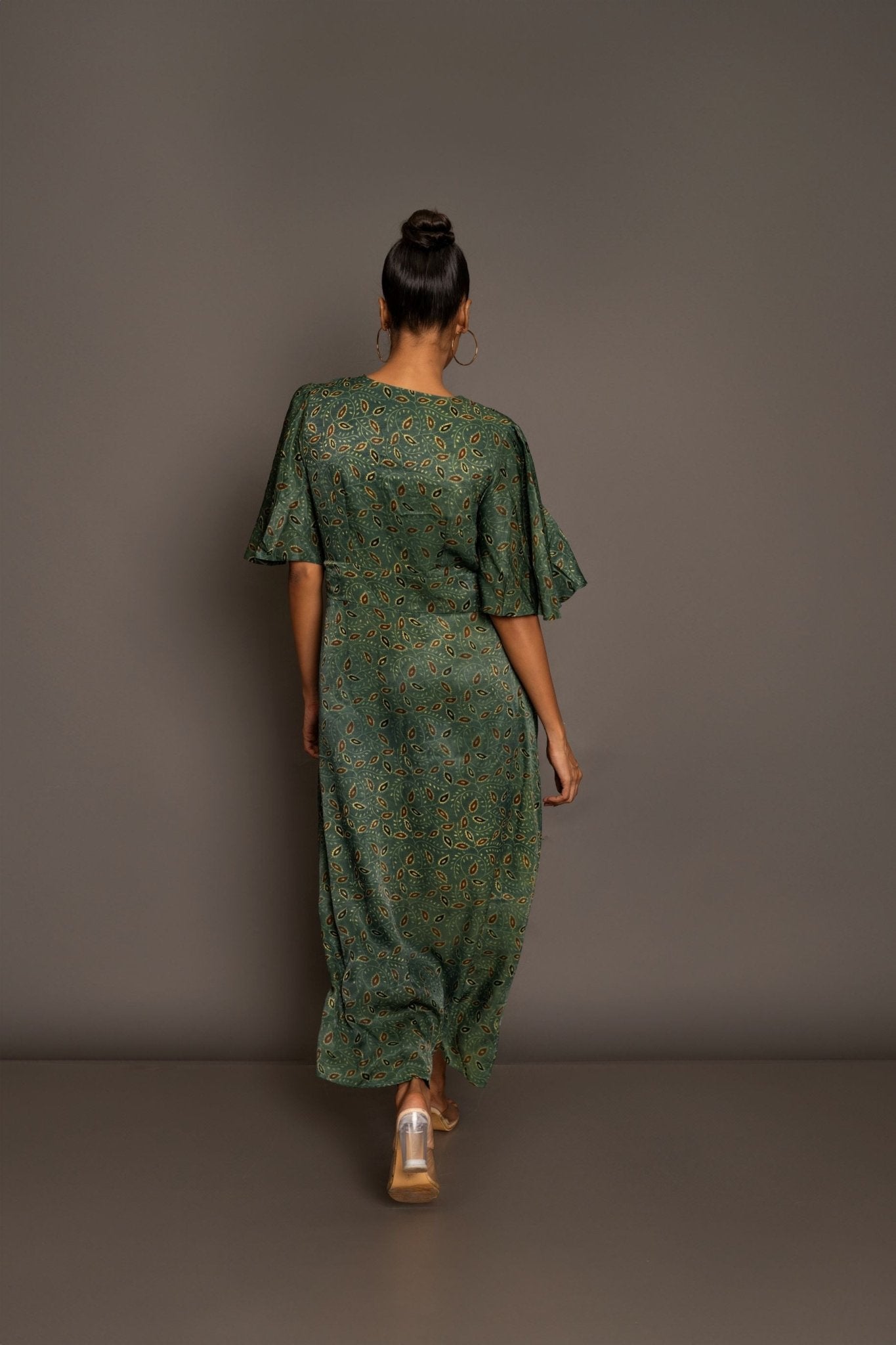 Green Ajrakh Midi Dress In Satin Silk - Anvi Couture - Image 4
