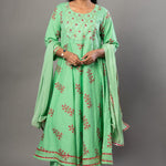 Green Anarkali Suit Set with Pink Floral Prints - Anvi Couture