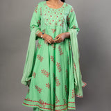 Green Anarkali Suit Set with Pink Floral Prints - Anvi Couture