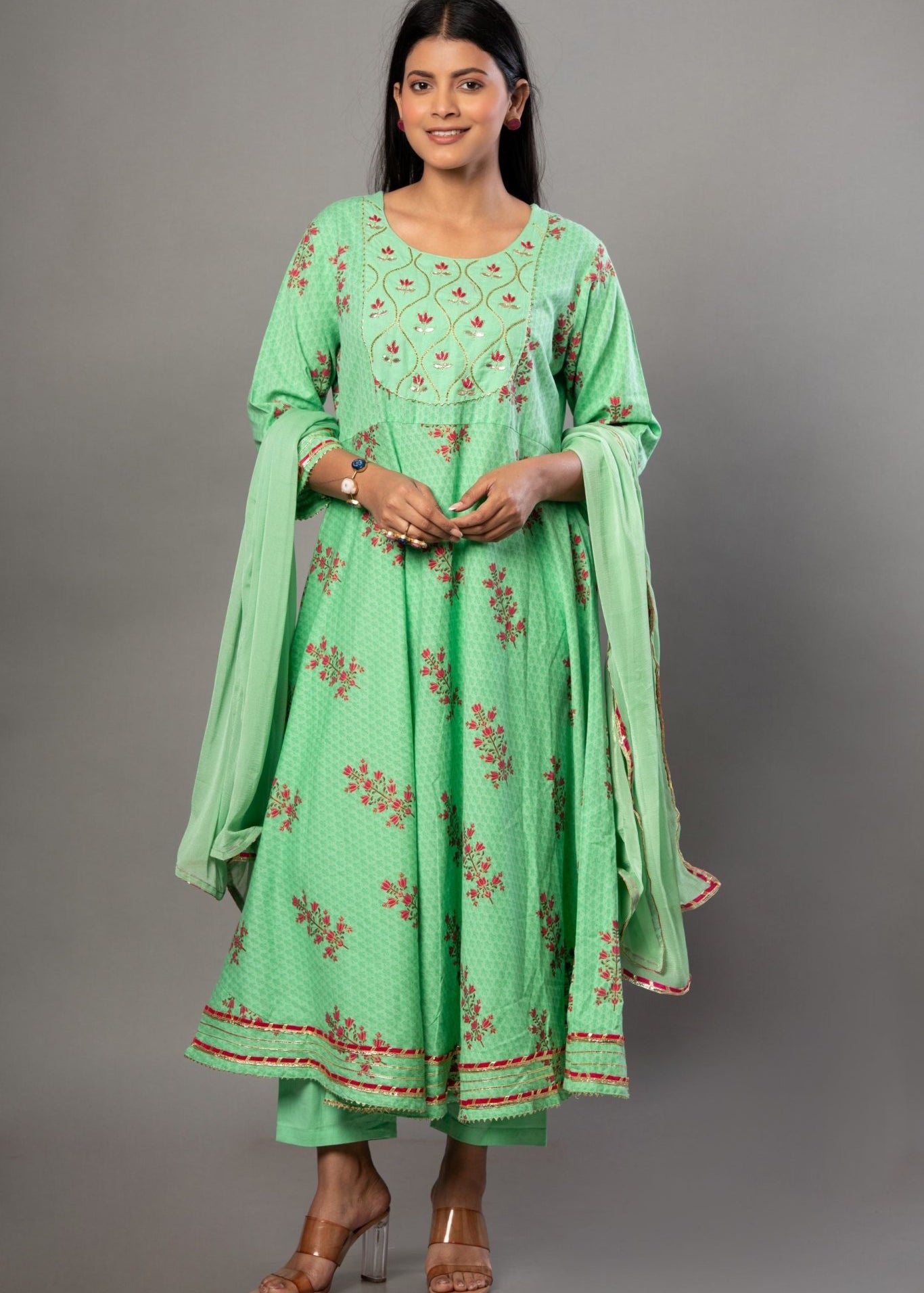 Green Anarkali Suit Set with Pink Floral Prints - Anvi Couture