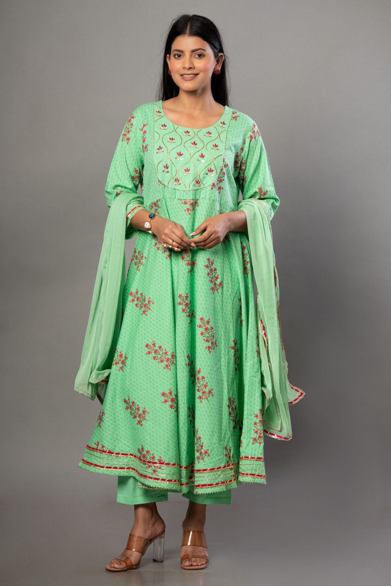 Green Anarkali Suit Set with Pink Floral Prints - Anvi Couture
