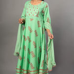 Green Anarkali Suit Set with Pink Floral Prints - Anvi Couture